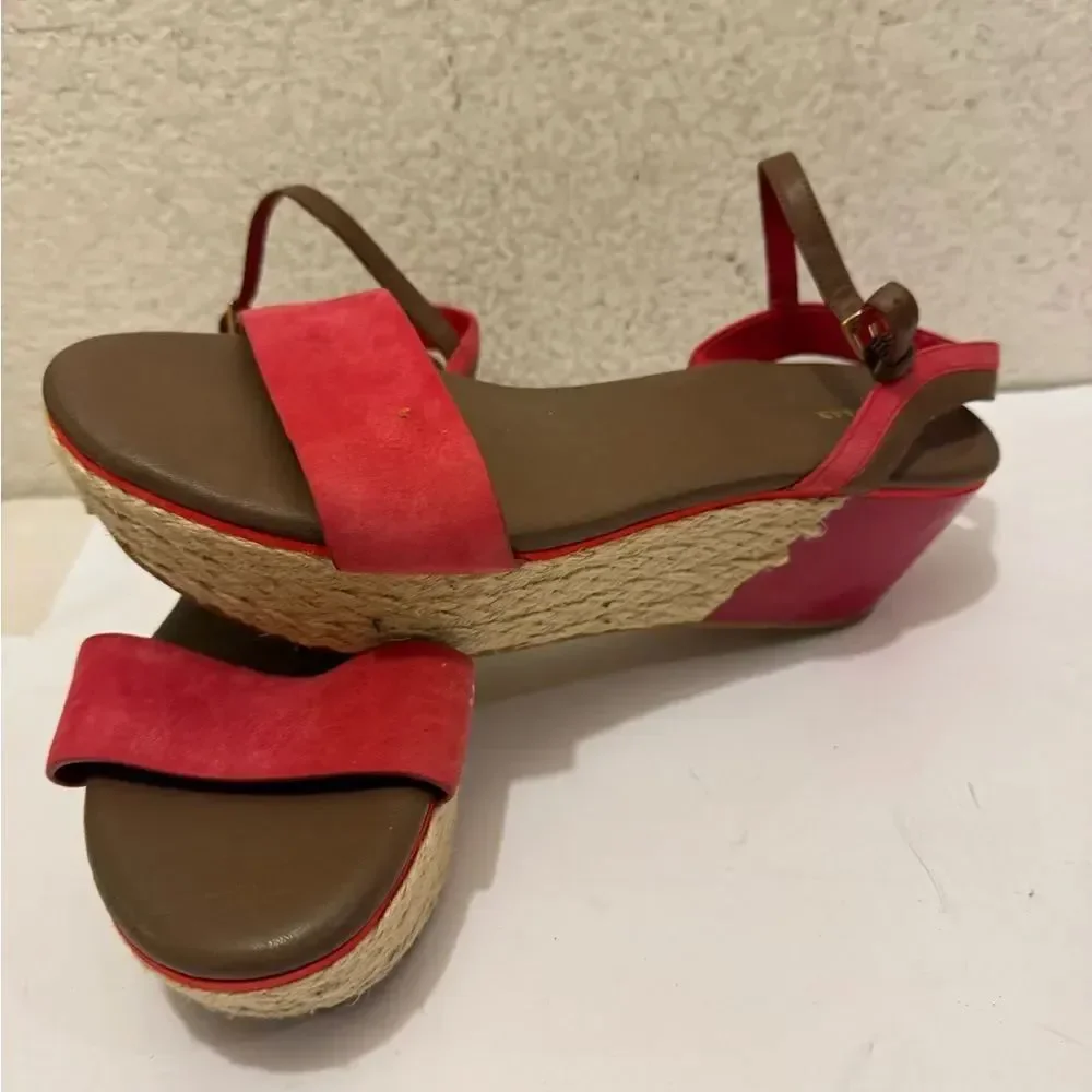 COLE HAAN Red Suede Patent Leather Wedges Espadrille Sandals Ankle Strap 10C